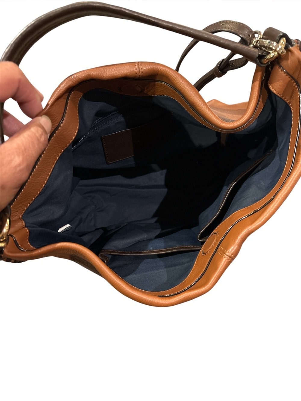 Cole Haan Tan Leather Hobo Shoulder Bag with dark brown stitching on sides - Picture 4 of 9